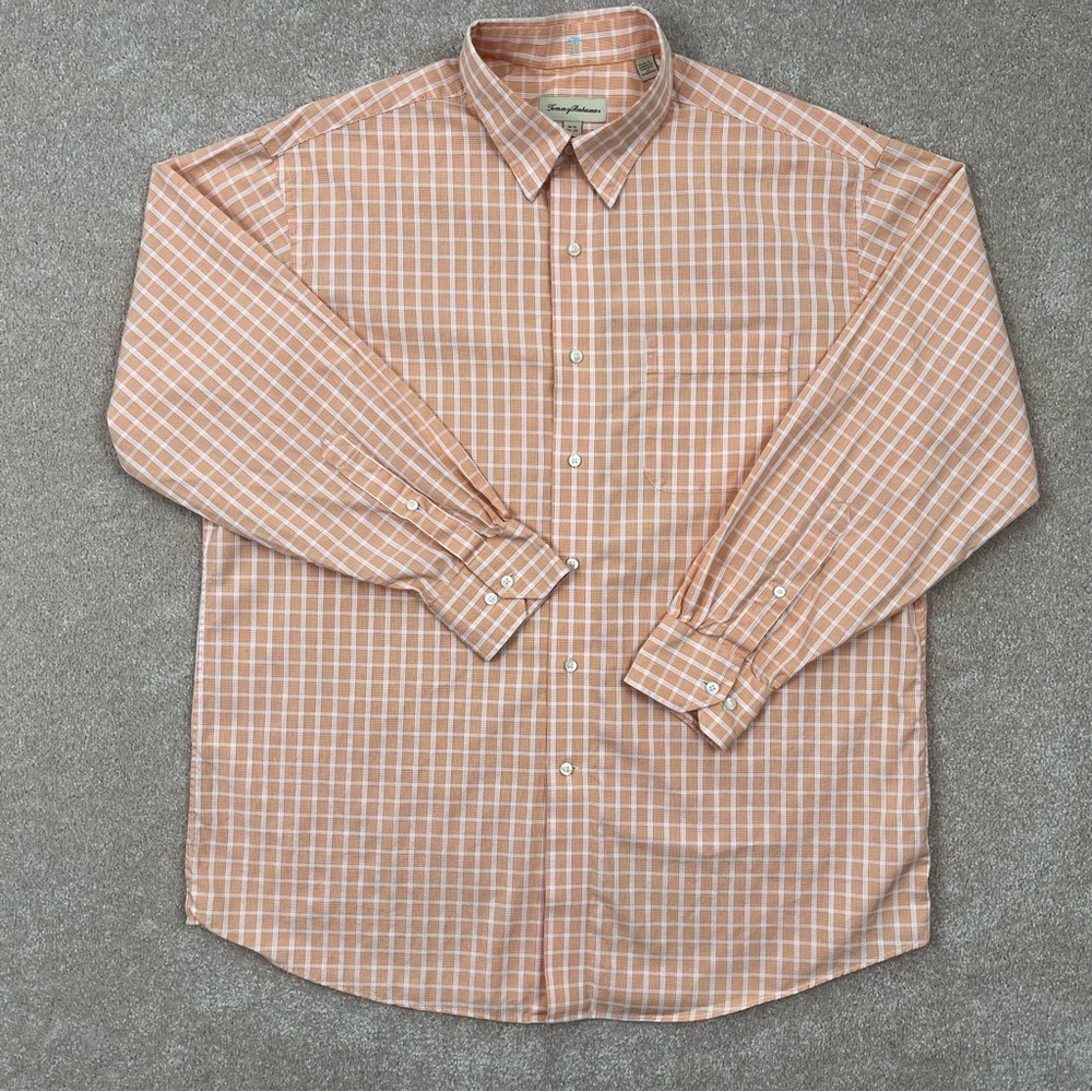 Tommy Bahama Shirt Adult 16.5 Neck Peach Button Up Check Long Sleeve Preppy Men